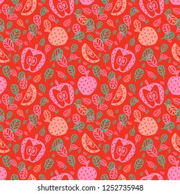 Summer seamless pattern. Harvest. Healthy food. Vegetarian. Slices of apples on a red background.