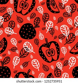 Summer seamless pattern. Harvest. Healthy food. Vegetarian. Organic products. Slices of apples on a red background.