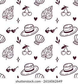 Summer Seamless Pattern with Hats, Cherries, Leaves and Sunglasses in Doodle Style