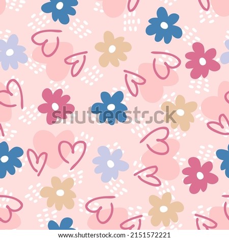 Summer seamless pattern with hearts and daisy on spotted background. Romantic hippie aesthetic print for fabric, paper, T-shirt. Doodle vector illustration for decor and design.


