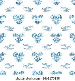 Summer seamless pattern with hearts, fishes and blue stripes for textile, wallpapers, gift wrap and scrapbook. Vector.