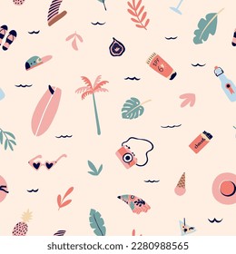 Summer seamless pattern with hipster elements. Creative vector texture with fin, surfing, monstera, palm tree, hat, sunglasses, camera. Vector illustration for paper, cover, fabric, interior decor.  