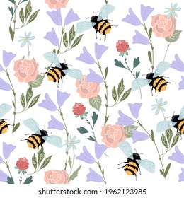 Summer seamless  pattern with honey bees and flowers, flat vector on white background. Decorative floral repeatable pattern with honey bees for textile and stationery.