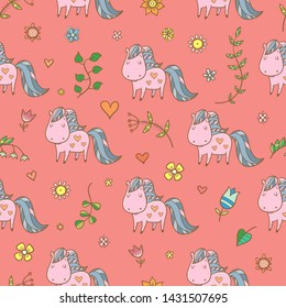 Summer seamless pattern  with  horse and plants on pink background. Vector contour colorful image. 