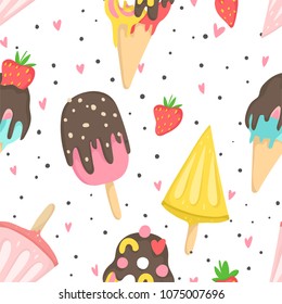 Summer seamless pattern with ice cream, dots, strawberries, hearts. Wrapping paper, fabric, wallpaper, background  design.