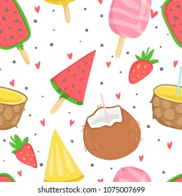 Summer seamless pattern with ice cream, fruits, dots, strawberries, hearts. Wrapping paper, fabric, wallpaper, background  design.