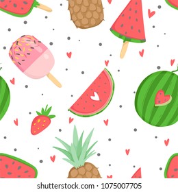 Summer seamless pattern with ice cream, fruits, dots, strawberries, hearts. Wrapping paper, fabric, wallpaper, background  design.