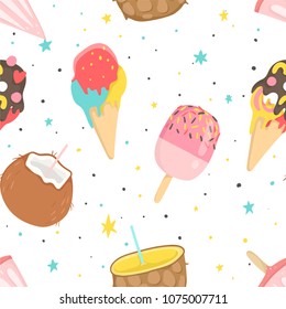 Summer seamless pattern with ice cream, fruits, dots, strawberries, hearts. Wrapping paper, fabric, wallpaper, background  design.