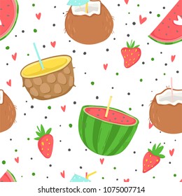 Summer seamless pattern with ice cream, fruits, dots, strawberries, hearts. Wrapping paper, fabric, wallpaper, background  design.