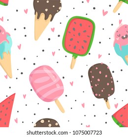 Summer seamless pattern with ice cream, dots, strawberries, hearts. Wrapping paper, fabric, wallpaper, background  design.