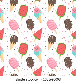 Summer seamless pattern with ice cream, dots, strawberries, hearts. Wrapping paper, fabric, wallpaper, background  design.
