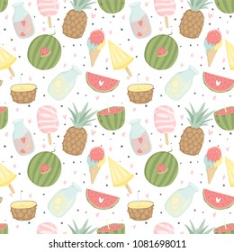 Summer seamless pattern with ice cream, fruits, dots, strawberries, hearts. Wrapping paper, fabric, wallpaper, background  design.