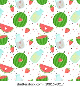 Summer seamless pattern with ice cream, fruits, dots, strawberries, hearts. Wrapping paper, fabric, wallpaper, background  design.