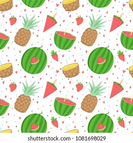 Summer seamless pattern with ice cream, fruits, dots, strawberries, hearts. Wrapping paper, fabric, wallpaper, background  design.