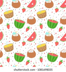 Summer seamless pattern with ice cream, fruits, dots, strawberries, hearts. Wrapping paper, fabric, wallpaper, background  design.