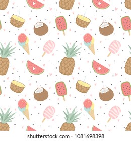 Summer seamless pattern with ice cream, fruits, dots, strawberries, hearts. Wrapping paper, fabric, wallpaper, background  design.