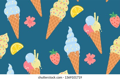 Summer seamless pattern with ice cream, lemons, strawberries, flowers. Can be used in wrapping paper, fabric, wallpaper, background design.