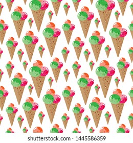 Summer seamless pattern with ice cream on white background. Colorful vector illustration.