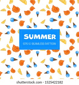 Summer seamless pattern with ice cream and shells on white background. Cartoon style. Vector
