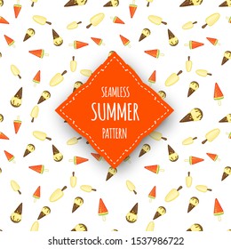 Summer seamless pattern with ice cream on white background. Cartoon style. Vector