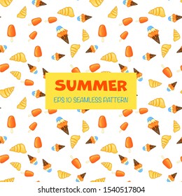 Summer seamless pattern with ice cream and shells on white background. Cartoon style. Vector