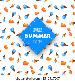 Summer seamless pattern with ice cream on white background. Cartoon style. Vector