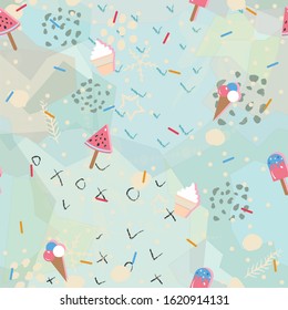 Summer Seamless Pattern with Ice Cream. Stylized Summer Elements with dropped shadows. Vector Illustration. Summer Collection. Green Background. Eps 10