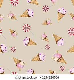  Summer  seamless pattern with ice cream and candy. Vector illustration. Design wallpaper, fabrics, postal packaging.