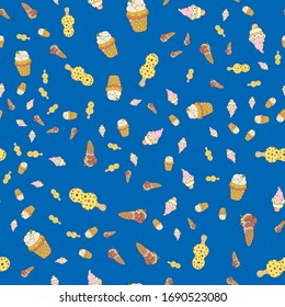 Patrón veraniego sin fisuras con helado. Creme Brulee, helado en un palo, paletas diferentes sabores. Diseño para envolver papel, papel pintado, embalaje, tarjeta. Dibujo manual de ilustración vectorial.