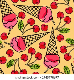 Summer seamless pattern. Ice Cream cone, cherry berry. Outline vector illustration. Organic food eco template for menu, jam or juice label, textile, wallpaper, t-shirt design, scrapbooking