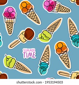 Summer Seamless pattern with Ice Cream stickers. Different versions Ice Cream. Vector illustration. Food template for cafe or restaurant menu, textile, wallpaper, scrapbooking, invitation, party decor