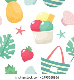 Summer seamless pattern with ice cream, pineapple, strawberry, seashells, tropical leaf. Vector illustration.