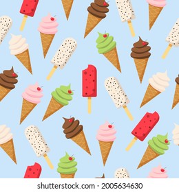 Summer seamless pattern ice cream. Different types of ice cream in a cone and on a stick. Summertime