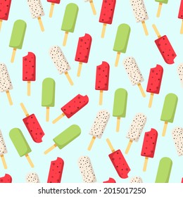 Helado de patrón sin costura de verano. Diferentes tipos de helados en un cono y en un palo. Tiempo de verano