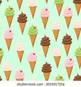 Summer seamless pattern ice cream. Different types of ice cream in a cone and on a stick. Summertime