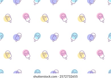 Summer seamless pattern with ice cream. Geometric pattern with ice cream on stick. Linear style ice cream with multi-colored spots. Pattern for banners, social media, covers, phone cases, wrapping