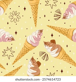 Summer seamless pattern with Ice Cream cones. Aesthetic dessert design. Vector illustration.