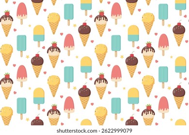 Verão padrão sem costura com cone de sorvete e picolé. Design para tecido, embalagem, roupas. Ilustração vetorial
