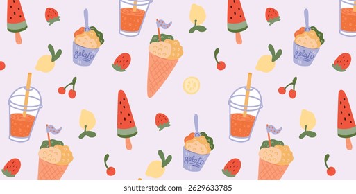 Verão padrão sem costura com Ice Cream Cone Gelato Popsicle Smoothie Strawberry Lemon Cherry. Doce Sobremesa Fundo para Crianças. Ilustração vetorial para embalagem e impressão.