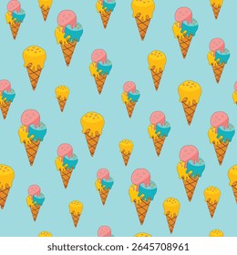 verão padrão sem costura com sorvete em cones waffle em um fundo azul