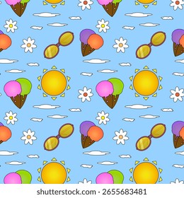 Verão padrão sem costura de cones de sorvete, sol, óculos de sol, nuvens e flores brancas no fundo do céu azul. Para o tema de verão, design de roupas, roupas de cama, papel de embrulho e papel de parede do berçário.