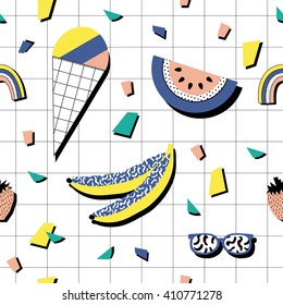 Summer seamless pattern with ice cream, watermelon and banana in retro style. Vector illustration.