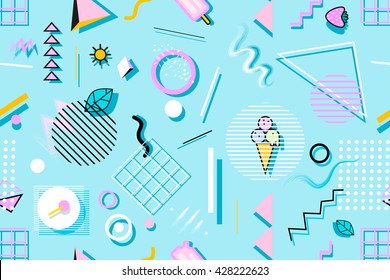 Summer seamless pattern with ice cream, leaves and geometric shapes. Stylish trendy fabric. Modern abstract wallpaper. Vector illustration. 