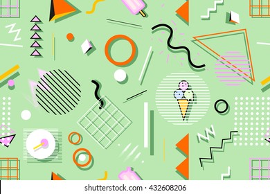 Summer seamless pattern with ice cream, leaves and geometric shapes. Stylish trendy fabric. Modern abstract wallpaper. Vector illustration.