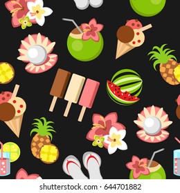 Summer seamless pattern - ice cream, cocktail, pineapple, pearl in shell, watermelon, flowers on dark grey background