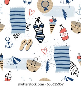 Summer seamless pattern. Ice cream, lemonade, swimsuit, hat, anchor and other travel elements. Vector illustration