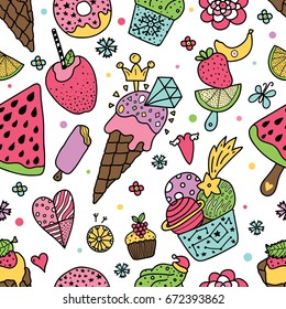 Summer seamless pattern with ice cream and sweets.