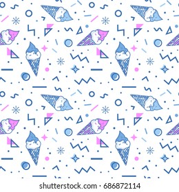 Summer seamless pattern with ice cream and abstract geometric shapes in memphis style. Vector retro background in white, blue and pink colors.