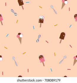 Summer Seamless Pattern with Ice Cream. Stylized Summer Elements with dropped shadows. Vector Illustration. Summer Collection. Eps 10