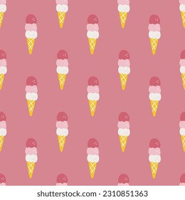 Summer seamless pattern with ice-cream cones on pink background. Perfect for wallpaper, gift paper, seasonal greeting cards. Vector illustration